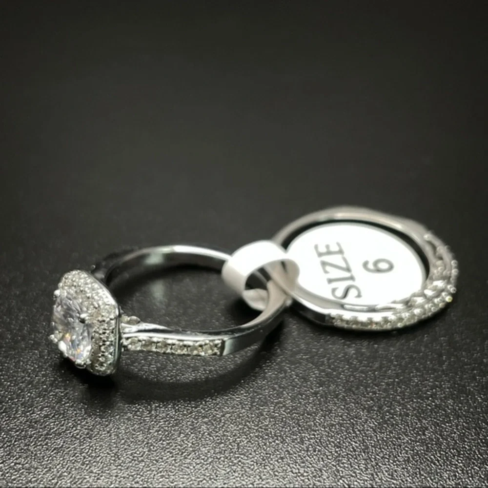 925 Sterling Silver Diamond 2 Band Ring‎ Set Sz 6